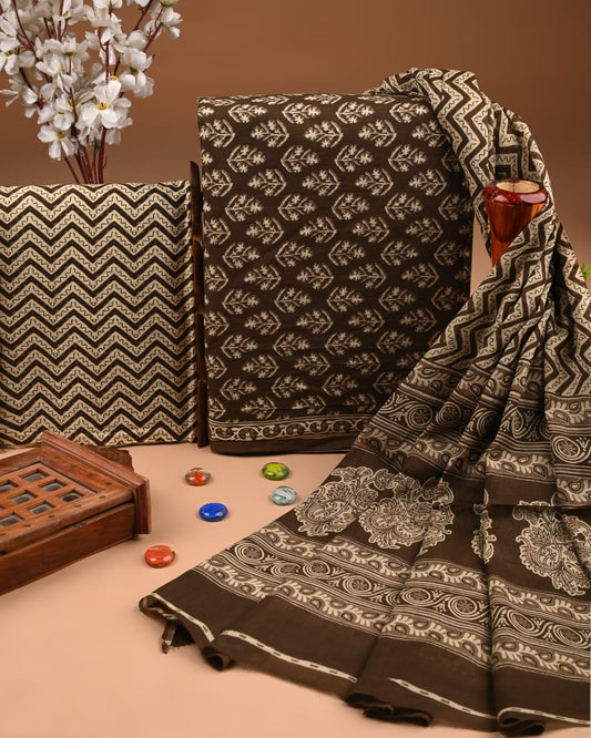 ELEGANT HAND BLOCK PRINT COTTON SUIT SET WITH MULMUL DUPATTA(WACOTMU07)