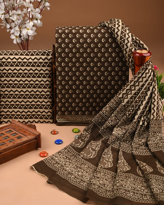 ELEGANT HAND BLOCK PRINT COTTON SUIT SET WITH MULMUL DUPATTA(WACOTMU05)