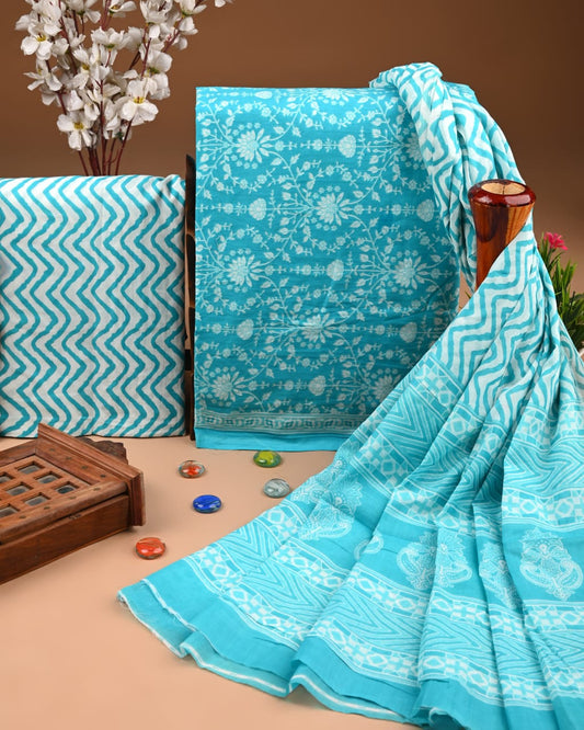 ELEGANT HAND BLOCK PRINT COTTON SUIT SET WITH MULMUL DUPATTA(WACOTMU03)