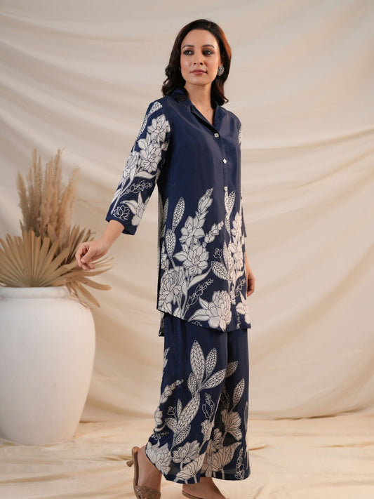 Olive Green and Royal Blue Floral Printed Co-Ord Set(WACD93)