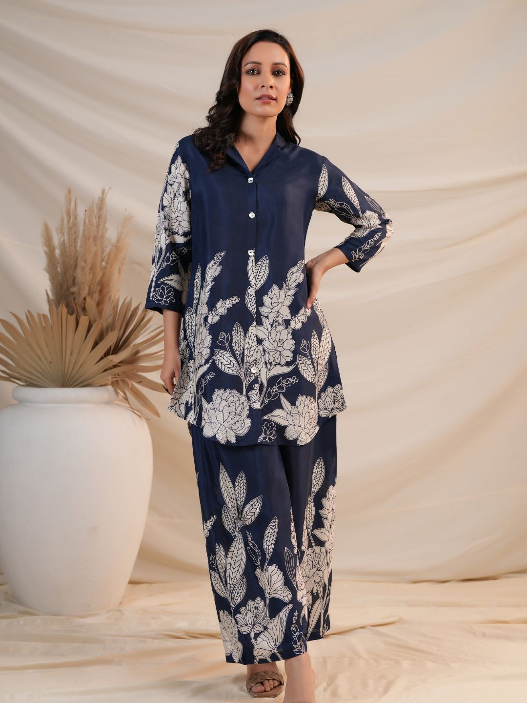 Olive Green and Royal Blue Floral Printed Co-Ord Set(WACD93)