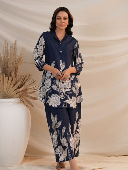 Olive Green and Royal Blue Floral Printed Co-Ord Set(WACD93)
