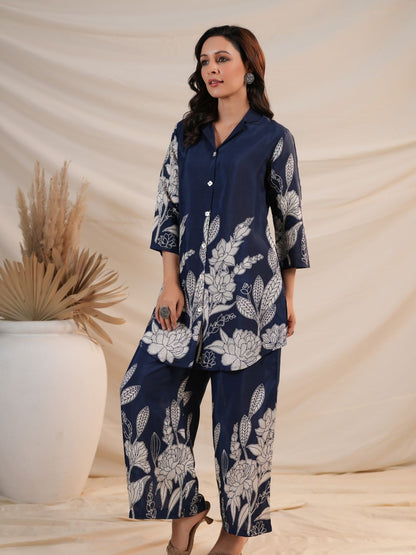 Olive Green and Royal Blue Floral Printed Co-Ord Set(WACD93)