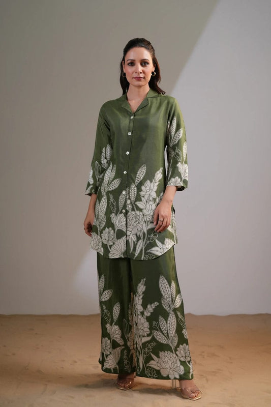 Olive Green and Royal Blue Floral Printed Co-Ord Set(WACD94)