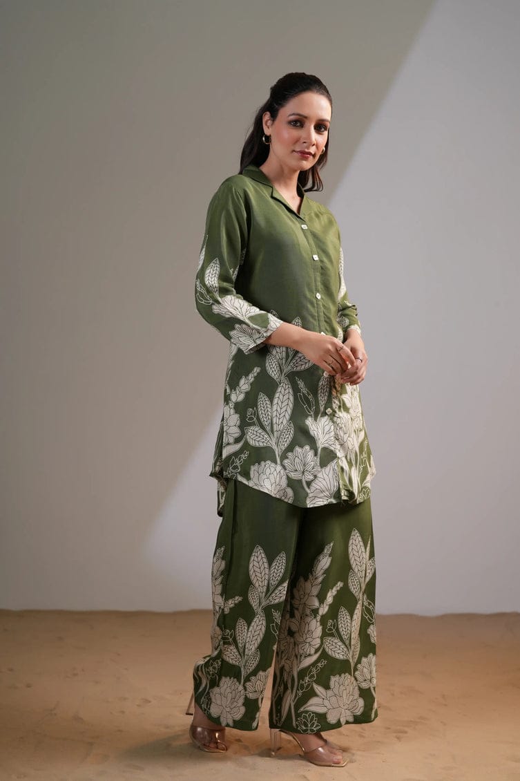 Olive Green and Royal Blue Floral Printed Co-Ord Set(WACD94)