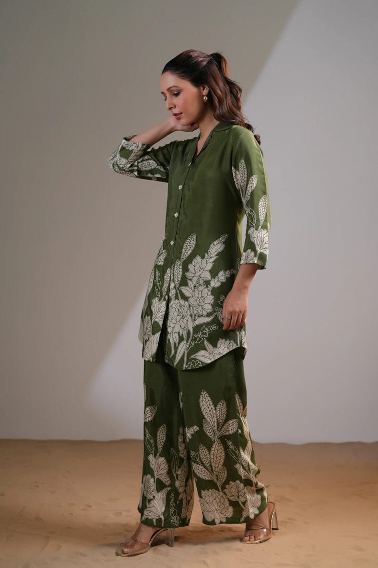 Olive Green and Royal Blue Floral Printed Co-Ord Set(WACD94)