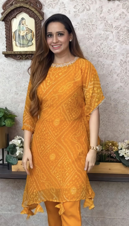 Export Chinnon Premium Bhandej Hand Work Kaftan Pattern Kurti With Premium Pant At Manufacturing Rate (WACD126)01