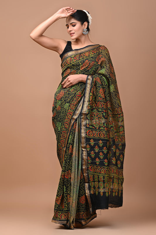 Exclusive Hand Block Printed Maheshwari Silk Saree (SWSRMAH03)