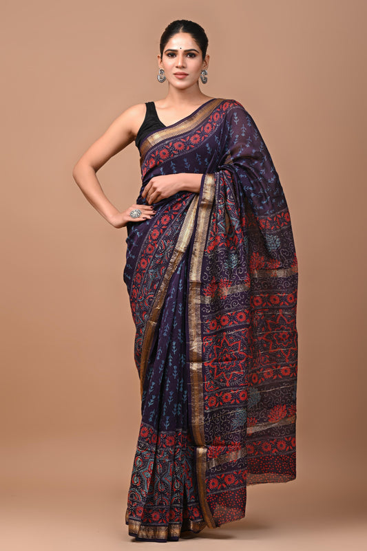 Exclusive Hand Block Printed Maheshwari Silk Saree (SWSRMAH04)