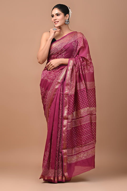 Exclusive Hand Block Printed Maheshwari Silk Saree (SWSRMAH07)