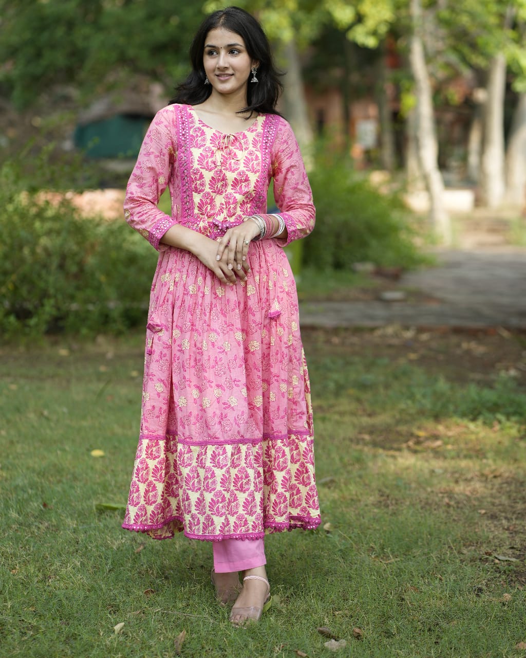 Beautiful Heavy quality cotton Fabric designer festive wear frock style kurti with pattern pant with mirror work(WARED465)