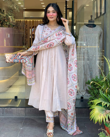 Premium Mul Chanderi 3 Pcs Gown Set (WARED484)