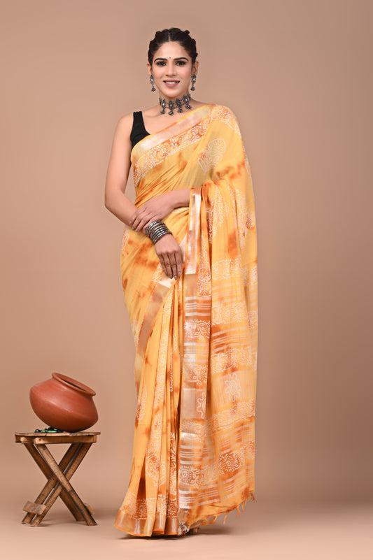 Hand Block Printed Linen Saree With Unstitched Blouse (SWSRLIL04)