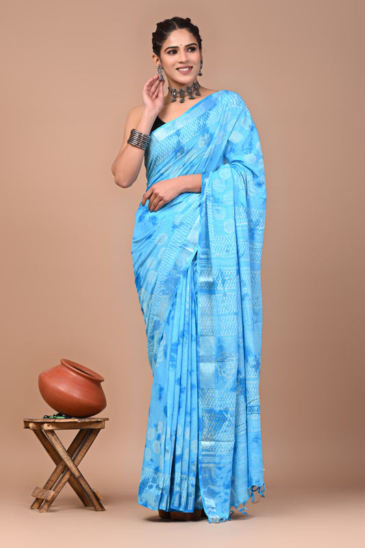 Hand Block Printed Linen Saree With Unstitched Blouse (SWSRLIL08)