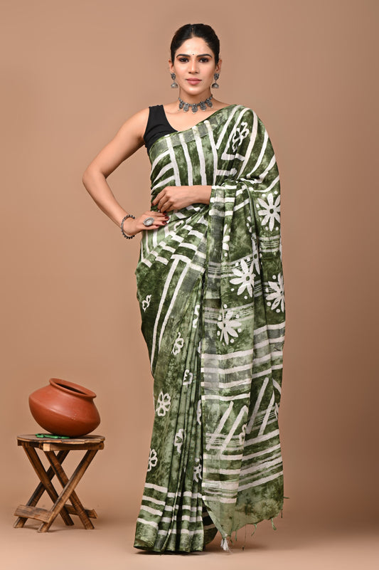 Hand Block Printed Linen Saree With Unstitched Blouse (SWSRLIL11)