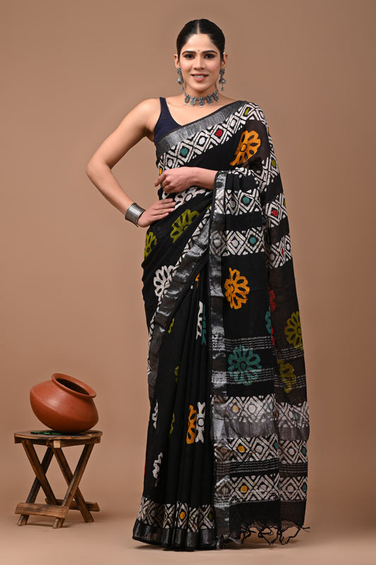 Hand Block Printed Linen Saree With Unstitched Blouse (SWSRLIL13)