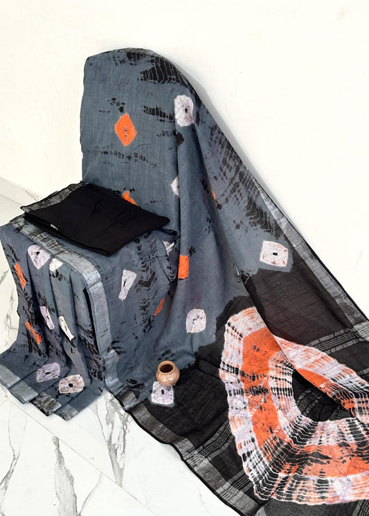 Hand Block Printed Linen Saree With Unstitched Blouse (SWSRLIL12)