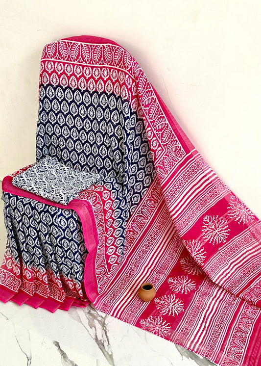 Hand Block Printed Linen Saree With Unstitched Blouse (SWSRLIL14)