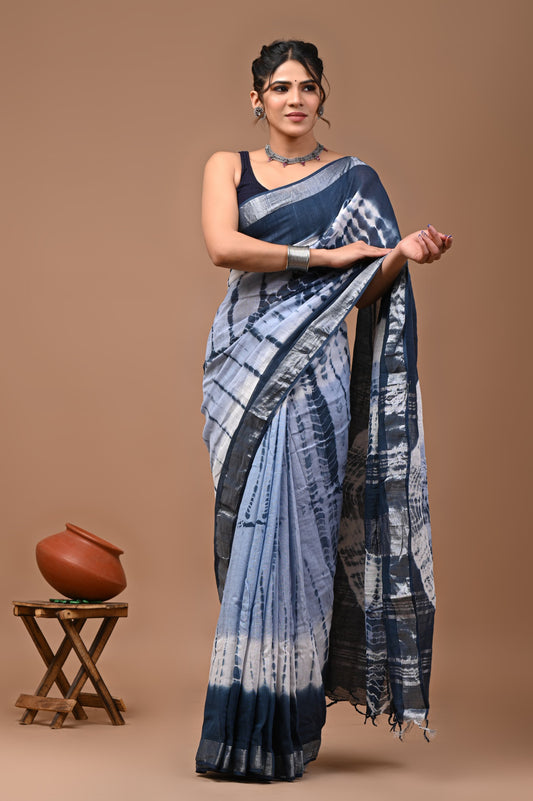 Hand Block Printed Linen Saree With Unstitched Blouse (SWSRLIL15)