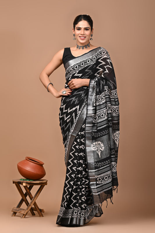 Hand Block Printed Linen Saree With Unstitched Blouse (SWSRLIL16)