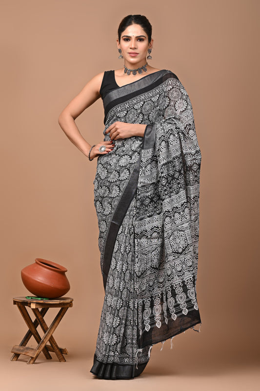 Hand Block Printed Linen Saree With Unstitched Blouse (SWSRLIL18)