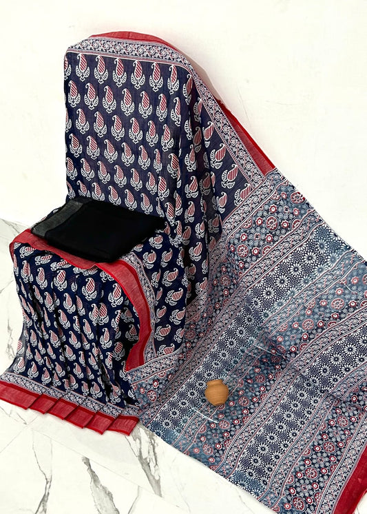 Hand Block Printed Linen Saree With Unstitched Blouse (SWSRLIL19)