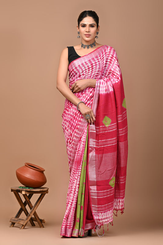 Hand Block Printed Linen Saree With Unstitched Blouse (SWSRLIL17