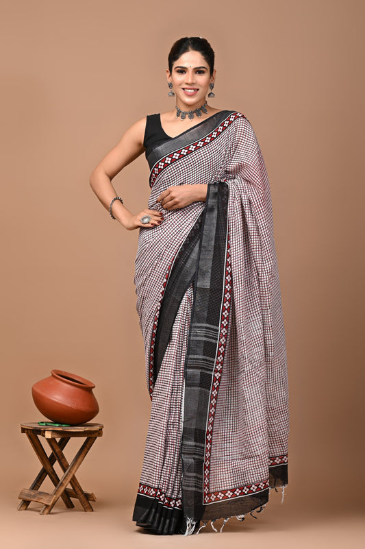 Hand Block Printed Linen Saree With Unstitched Blouse (SWSRLIL021