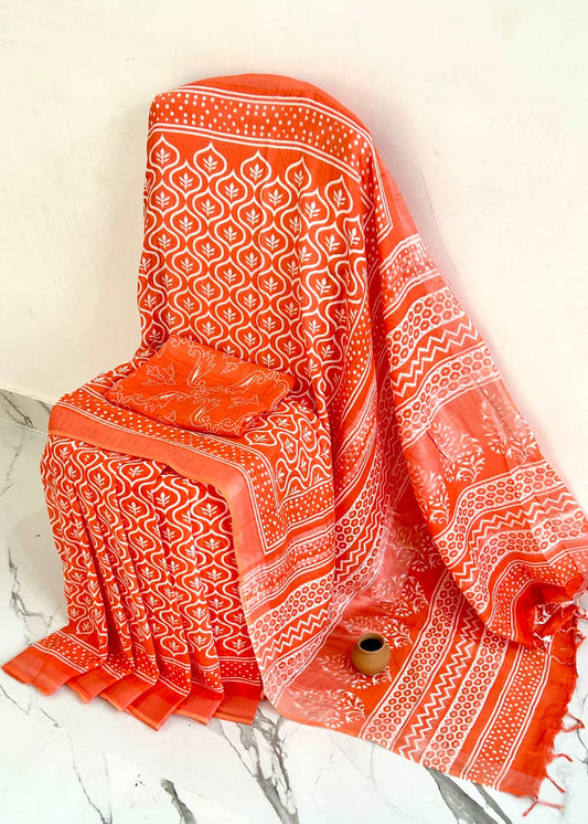 Hand Block Printed Linen Saree With Unstitched Blouse (SWSRLIL22)