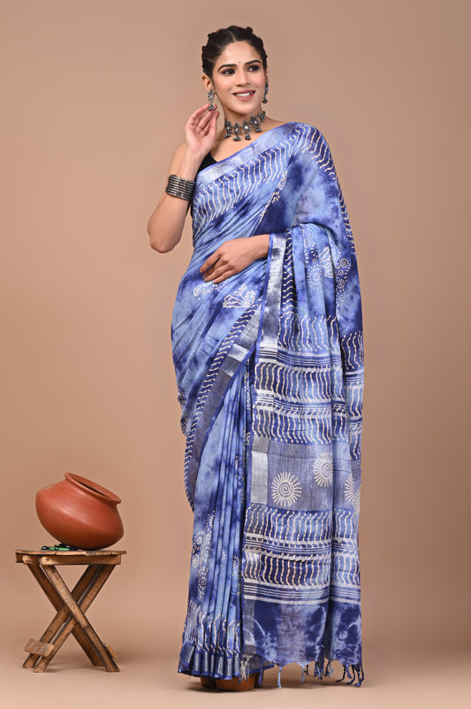 Hand Block Printed Linen Saree With Unstitched Blouse (SWSRLIL23)