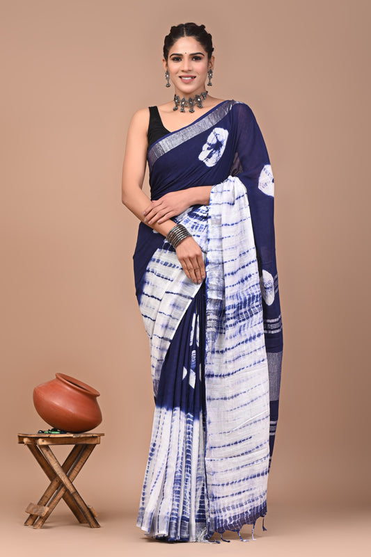 Hand Block Printed Linen Saree With Unstitched Blouse (SWSRLIL24)
