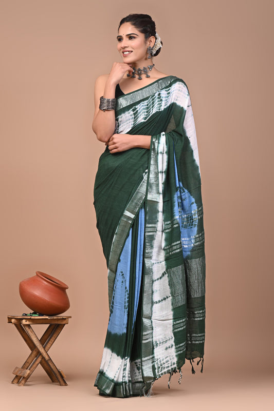 Hand Block Printed Linen Saree With Unstitched Blouse (SWSRLIL25)