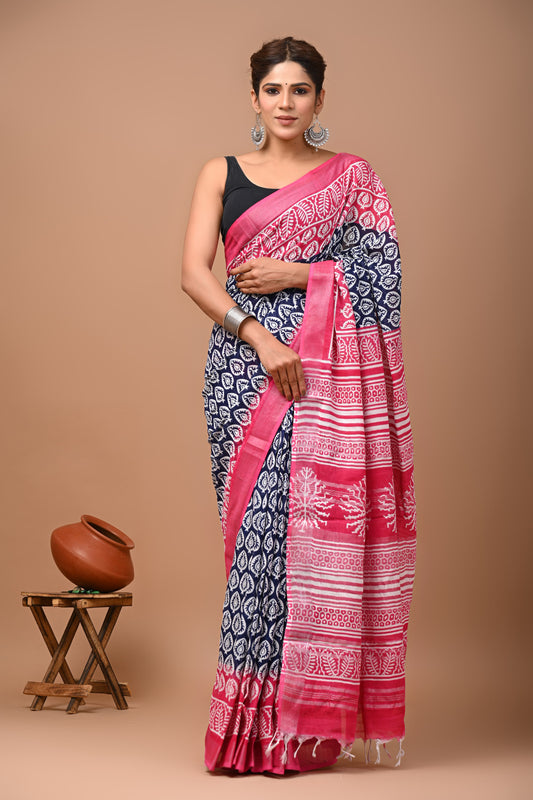 Hand Block Printed Linen Saree With Unstitched Blouse (SWSRLIL26)