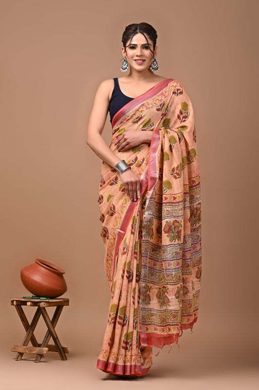 Hand Block Printed Linen Saree With Unstitched Blouse (SWSRLIL33)