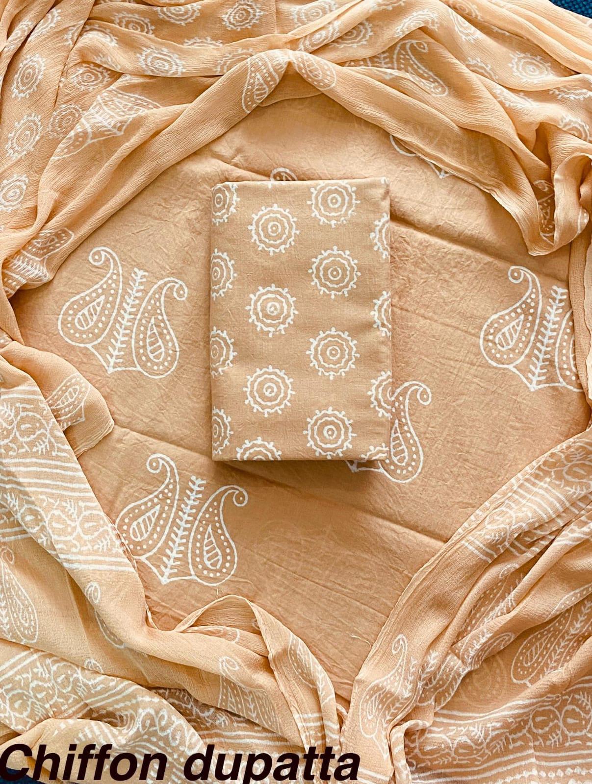 Premium Hand Block Print Cotton Suit Set with Chiffon Dupatta(WACFCOTMU49)