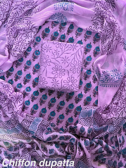 JAAL HAND BLOCK PRINT COTTON SUIT SET WITH CHIFFON DUPATTA(WACFCOTMU33)