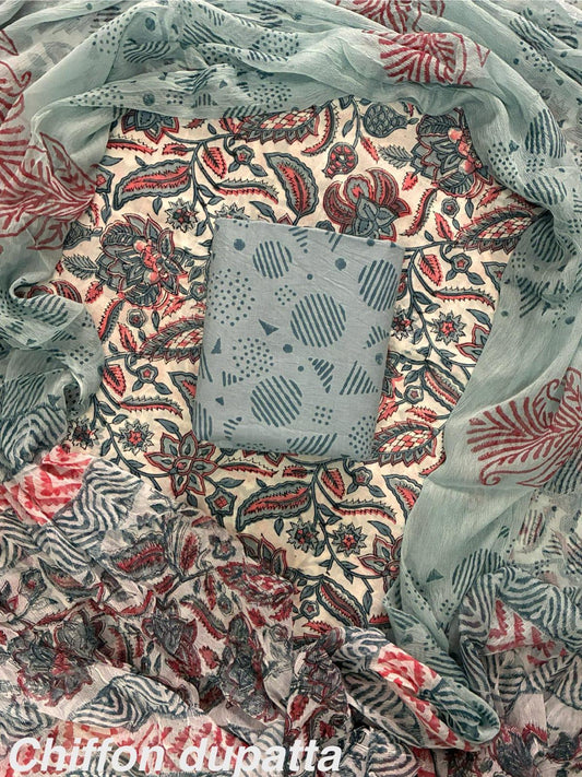 New Premium Hand Block Print Cotton Suit Set with Chiffon Dupatta(WACFCOTMU25)