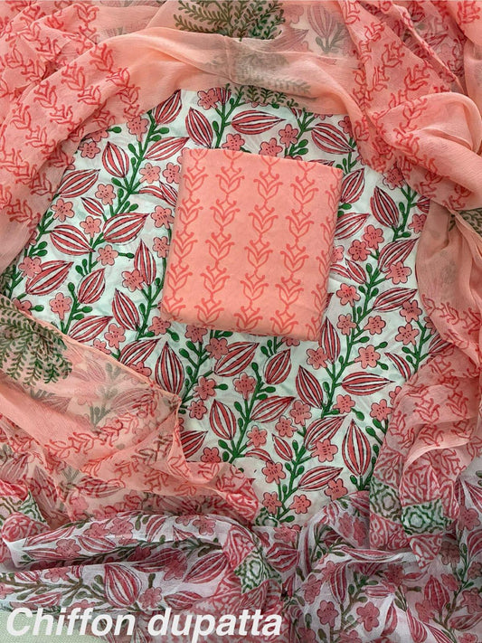 New Premium Hand Block Print Cotton Suit Set with Chiffon Dupatta(WACFCOTMU26)