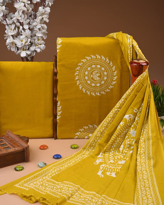 Designer Hand Block Print Cotton Suit Set with Mulmul Dupatta(WACOTMU133)