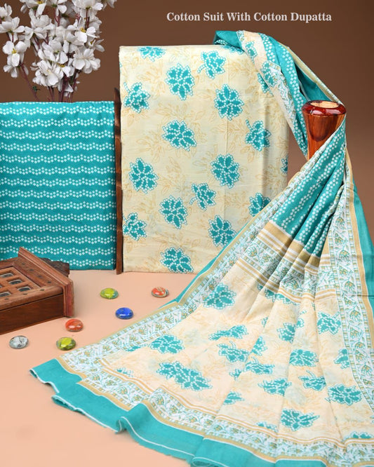 Designer Hand Block Print Cotton Suit Set with Mulmul Dupatta(WACOTMU134)