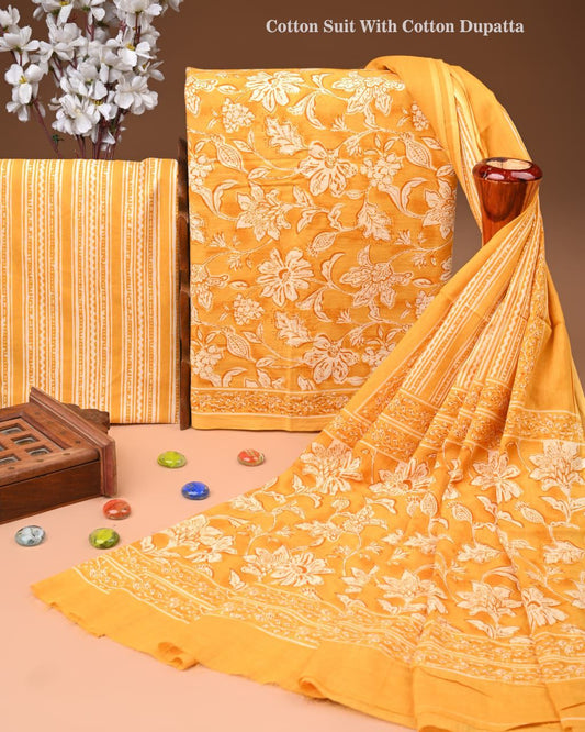 Designer Hand Block Print Cotton Suit Set with Mulmul Dupatta(WACOTMU135)