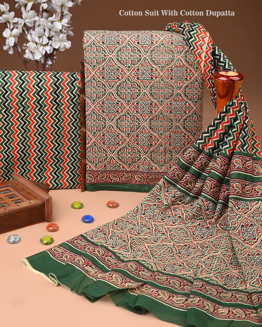 Designer Hand Block Print Cotton Suit Set with Mulmul Dupatta(WACOTMU136)