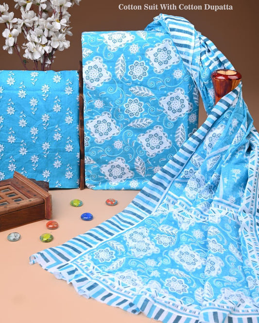Designer Hand Block Print Cotton Suit Set with Mulmul Dupatta(WACOTMU138)