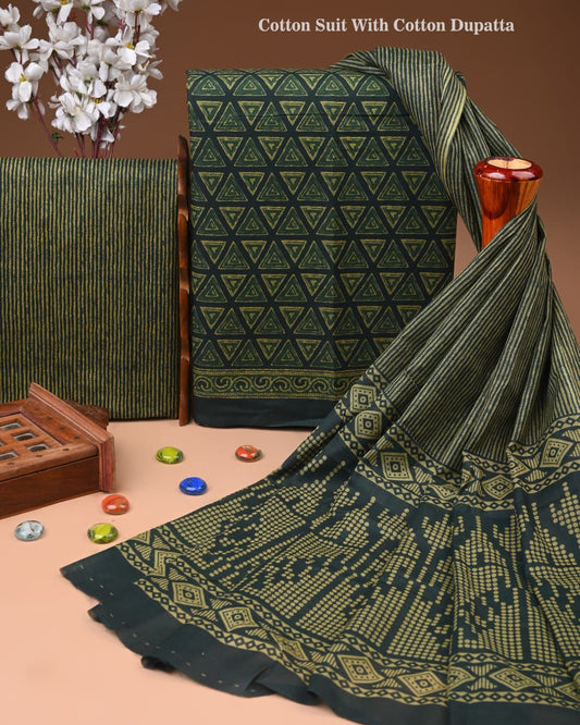 Designer Hand Block Print Cotton Suit Set with Mulmul Dupatta(WACOTMU139)