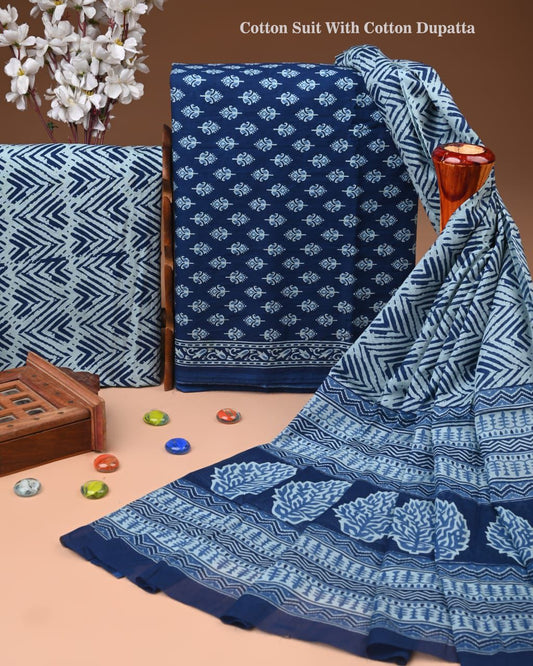 Designer Hand Block Print Cotton Suit Set with Mulmul Dupatta(WACOTMU141)