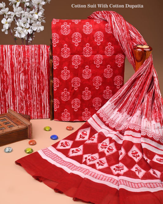 Designer Hand Block Print Cotton Suit Set with Mulmul Dupatta(WACOTMU142)