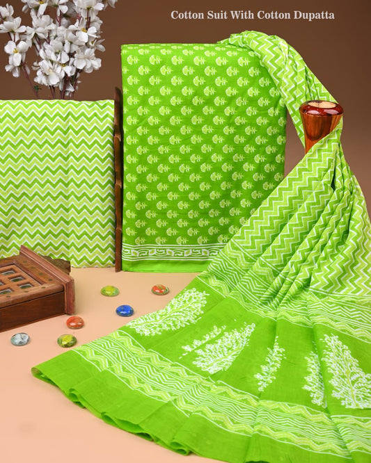 Designer Hand Block Print Cotton Suit Set with Mulmul Dupatta(WACOTMU144)