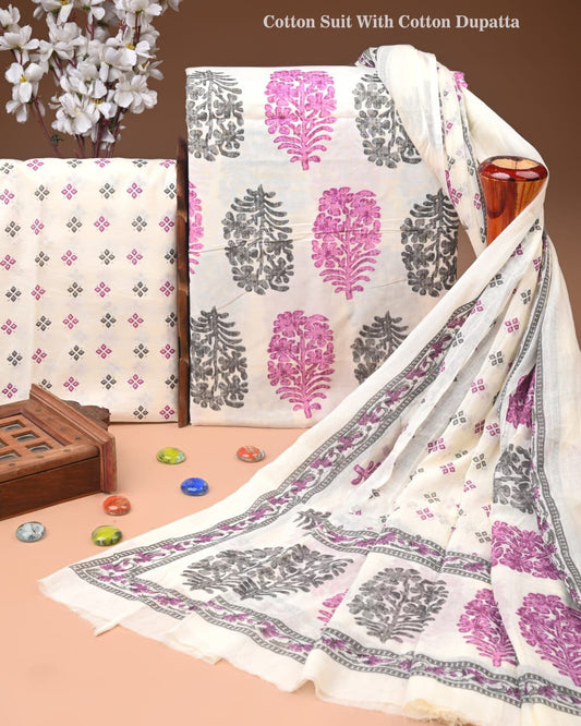 Designer Hand Block Print Cotton Suit Set with Mulmul Dupatta(WACOTMU145)