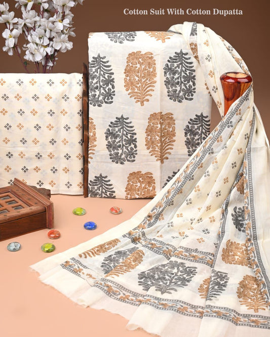 Designer Hand Block Print Cotton Suit Set with Mulmul Dupatta(WACOTMU146)