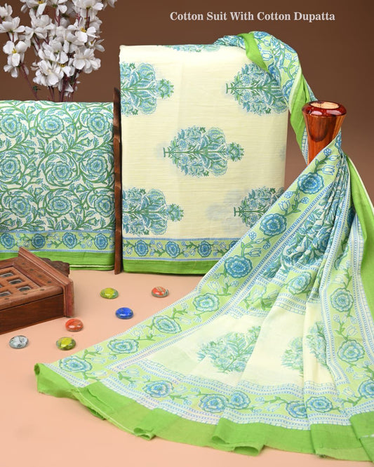 Designer Hand Block Print Cotton Suit Set with Mulmul Dupatta(WACOTMU147)